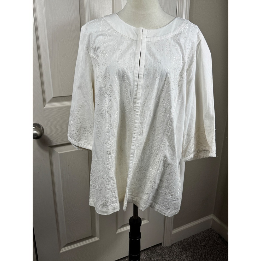 Liz & Me 1X White Floral Embroidered Cotton 3/4 Sleeve Button Down Top Blouse